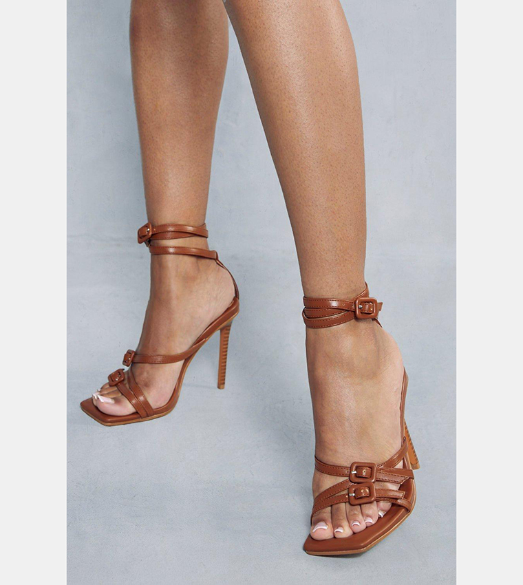 Buy MissPap Padded Leather Look Buckle Heel Sandals In Brown ...