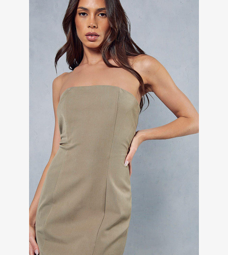 Buy MissPap Corseted Tailored Bandeau Column Midaxi Dress In Khaki