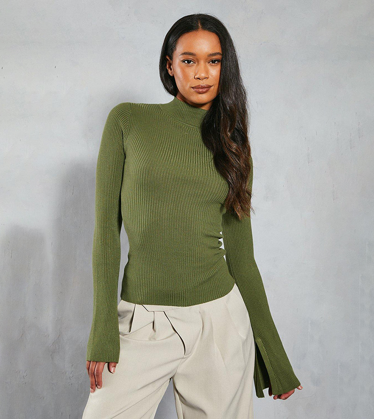 Buy MissPap Knitted Ribbed High Neck Top In Khaki
