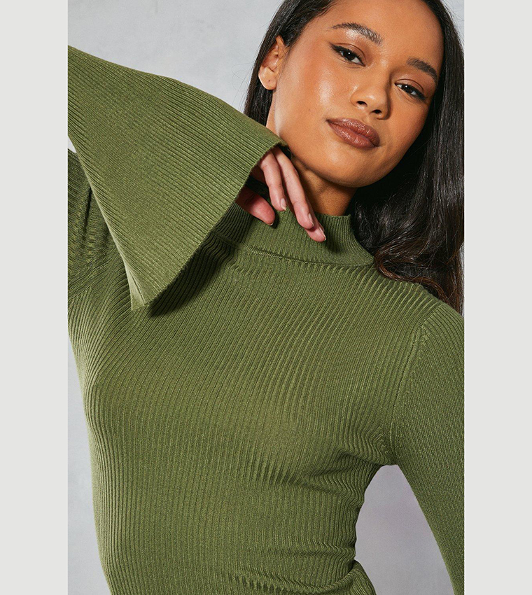 Buy MissPap Knitted Ribbed High Neck Top In Khaki