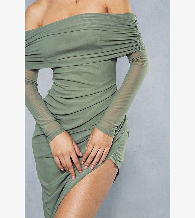 Flounce ruched mesh midi dress in olive green