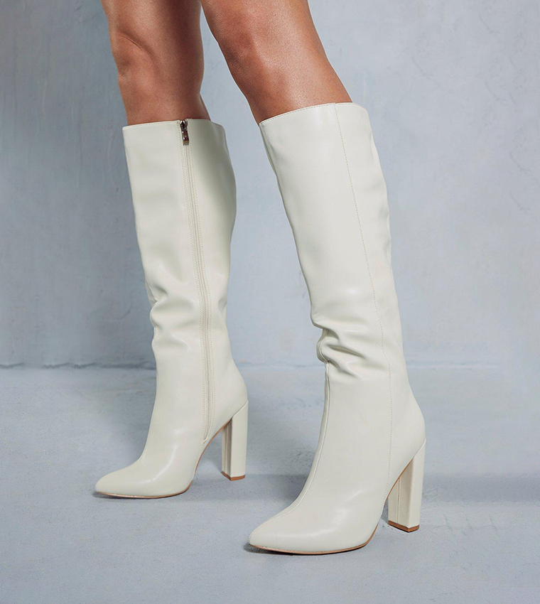 Buy MissPap Leather Look Block Heel Knee Length Boots In Cream 6thStreet Bahrain