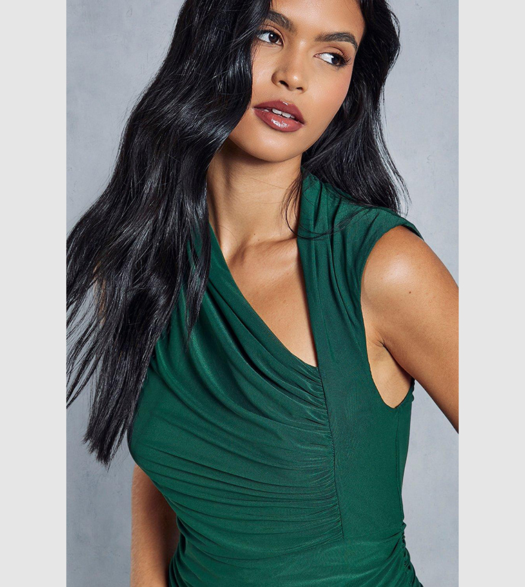 Buy MissPap Mesh Ruched Cut Out Detail Wrap Midaxi Dress In Dark Green |  6thstreet Bahrain