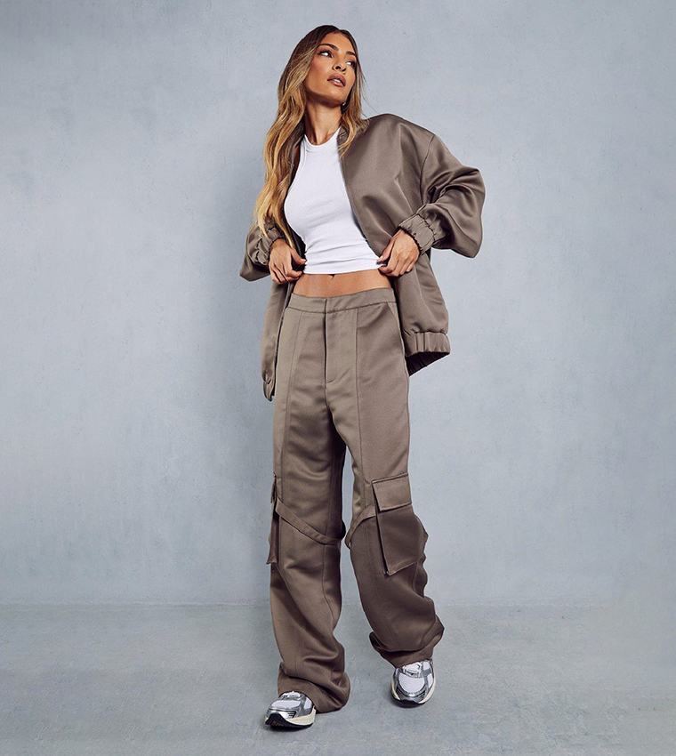 Buy MissPap Oversized Bonded Satin Bomber Jacket In Khaki