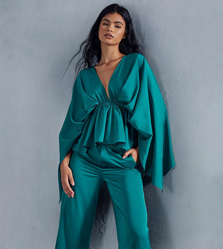 Buy MissPap Satin Plunge Exaggerated Sleeves Wide Leg Trousers Co Ord ...