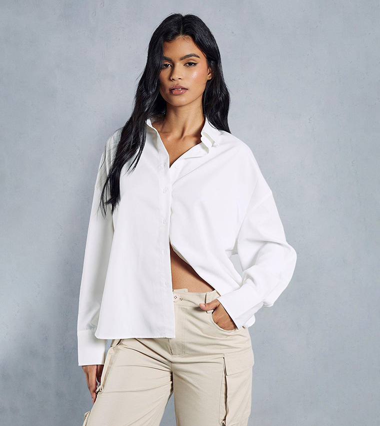 Buy MissPap Oversized Curved Hem Poplin Shirt In White