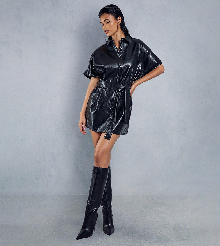 Buy MissPap Leather Look Drop Shoulder Belted Shirt Dress In Black 6thStreet Bahrain