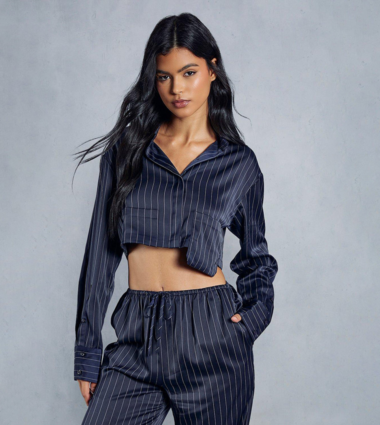 Buy MissPap Satin Pinstriped Cropped Pocket Detail Shirt In Navy 6thStreet Kuwait