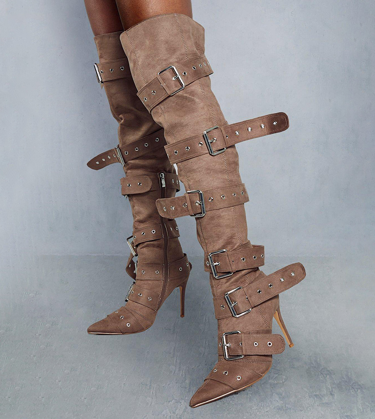 Buy MissPap Buckled Knee High Boots In Mink 6thStreet UAE