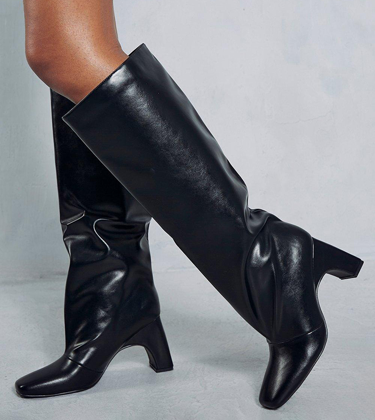 Buy MissPap Leather Look Curved Heeled Knee High Boots In Black ...