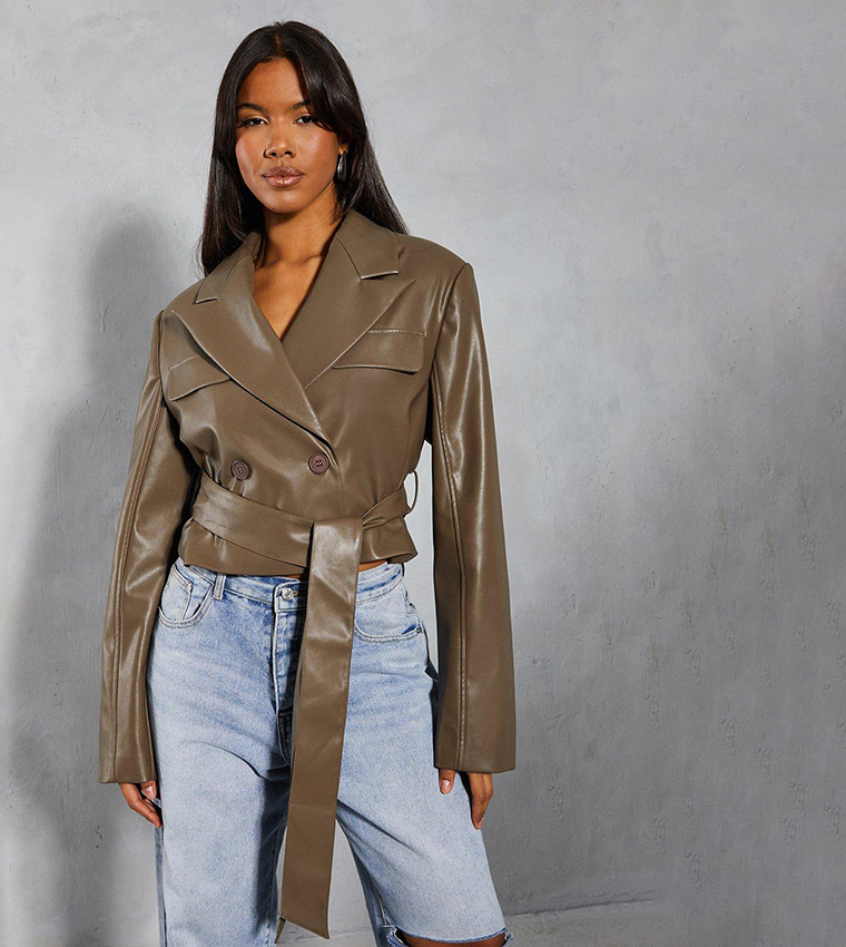 Buy MissPap Leather Look Cropped Trench Coat In Beige 6thStreet UAE