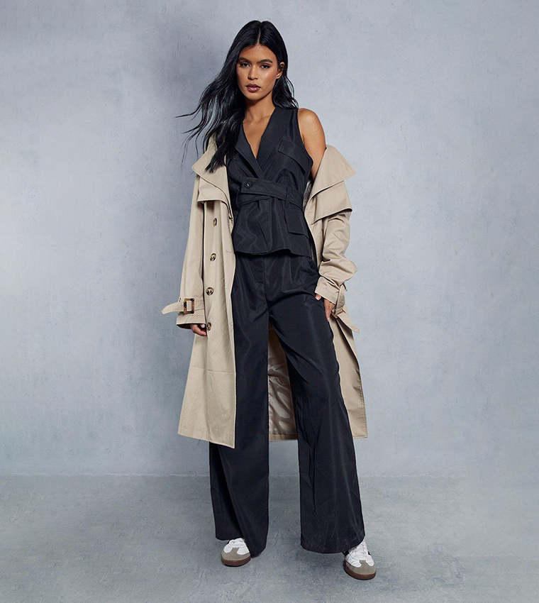 Buy MissPap Utility Strap Detail Woven Wide Leg Jumpsuit In Black