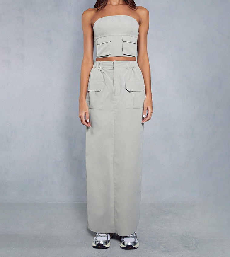 Buy MissPap Utility Pocket Woven Bandeau Top & Maxi Skirt Co Ord Set In ...