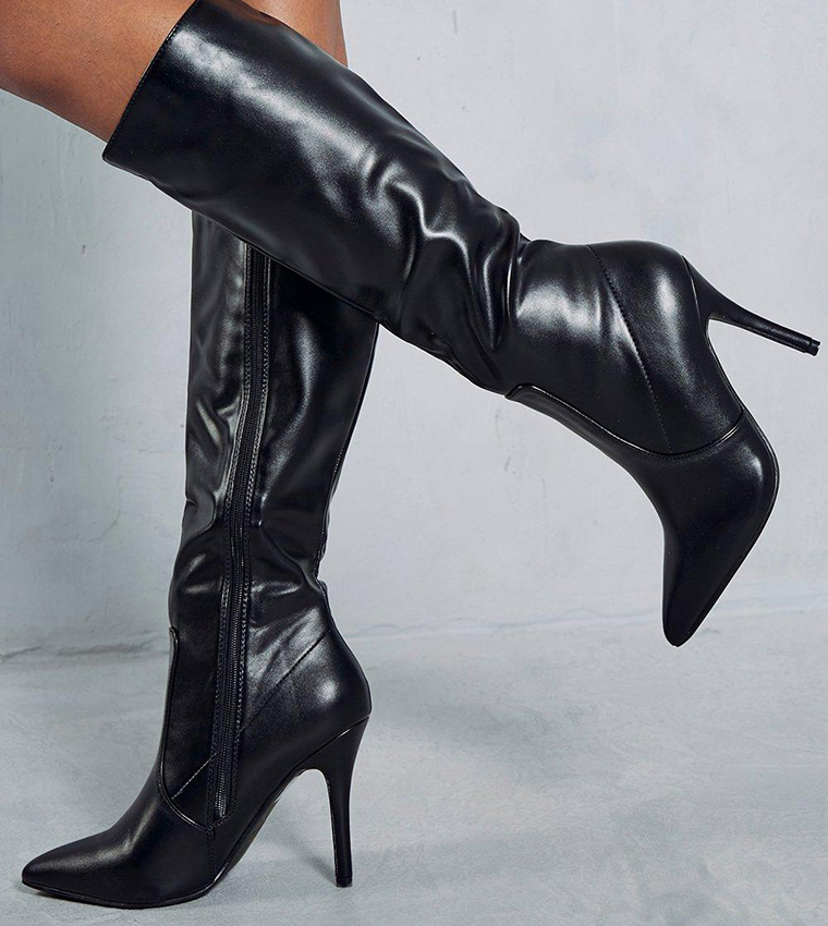 Buy MissPap Leather Look Pointed Knee High Boots In Black 6thStreet Oman