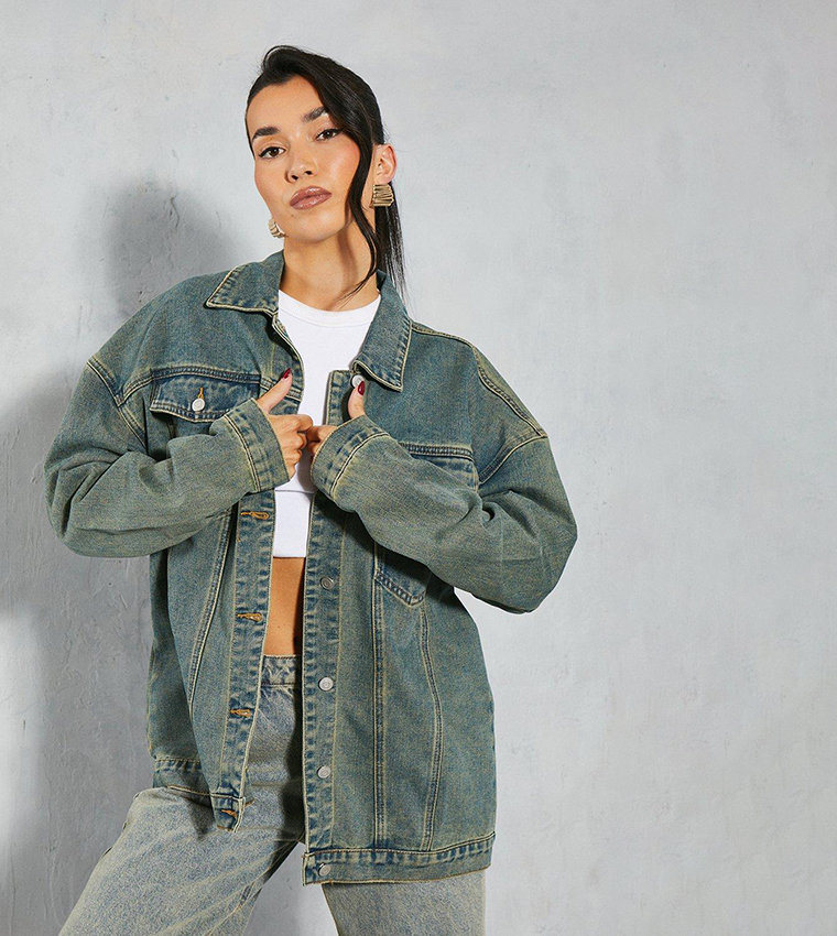 Buy MissPap Denim Sand Blast Oversized Denim Jacket In Green 6thStreet Oman