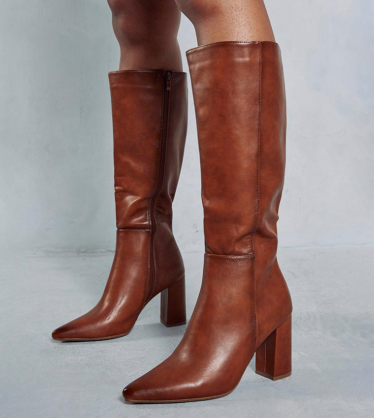 Buy MissPap Leather Look Block Heel Knee High Boots In Brown 6thStreet Qatar