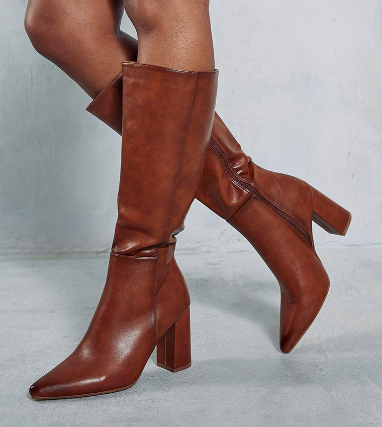 Buy MissPap Leather Look Block Heel Knee High Boots In Brown 6thStreet Qatar