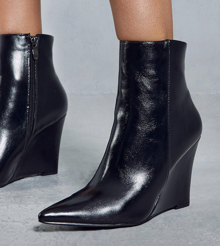 Leather Look Wedge Heel Ankle Boots