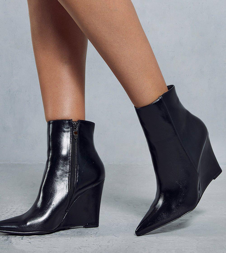 Leather Look Wedge Heel Ankle Boots