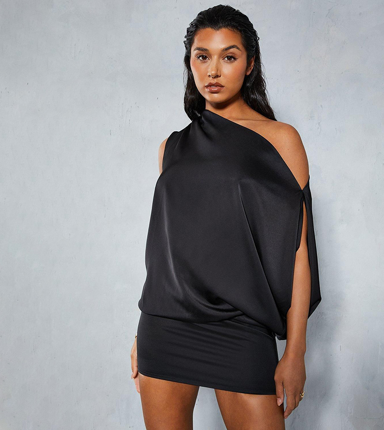Satin Off Shoulder Asymmetric Bodycon Mini Dress