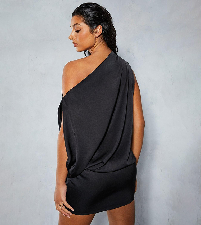 Satin Off Shoulder Asymmetric Bodycon Mini Dress