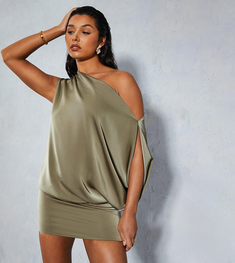Satin Off Shoulder Asymmetric Bodycon Mini Dress