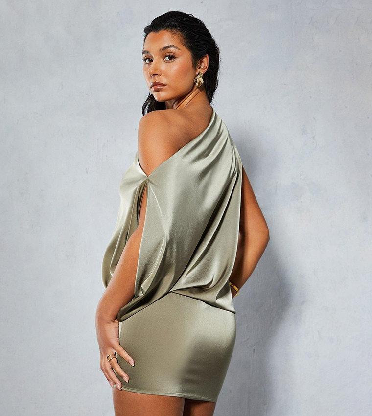 Satin Off Shoulder Asymmetric Bodycon Mini Dress