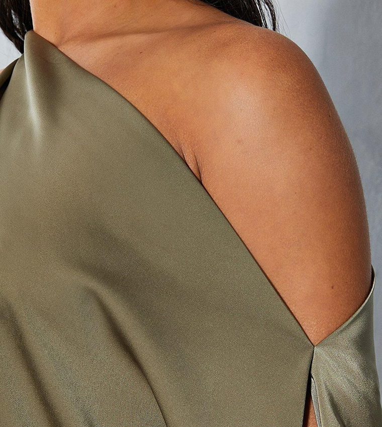 Satin Off Shoulder Asymmetric Bodycon Mini Dress