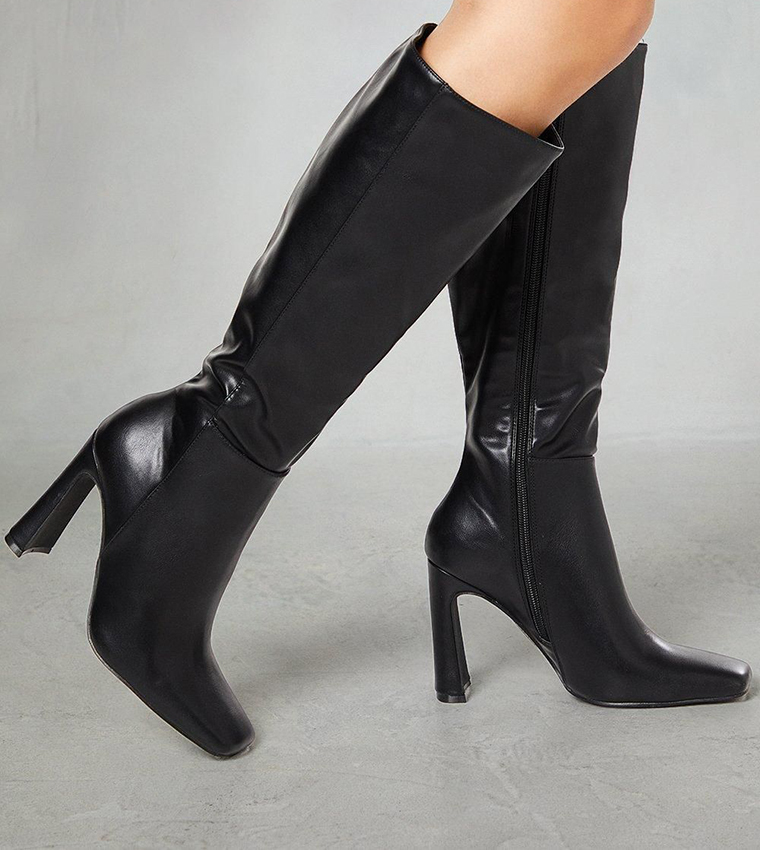 Faux Leather Knee High Block Heeled Boots