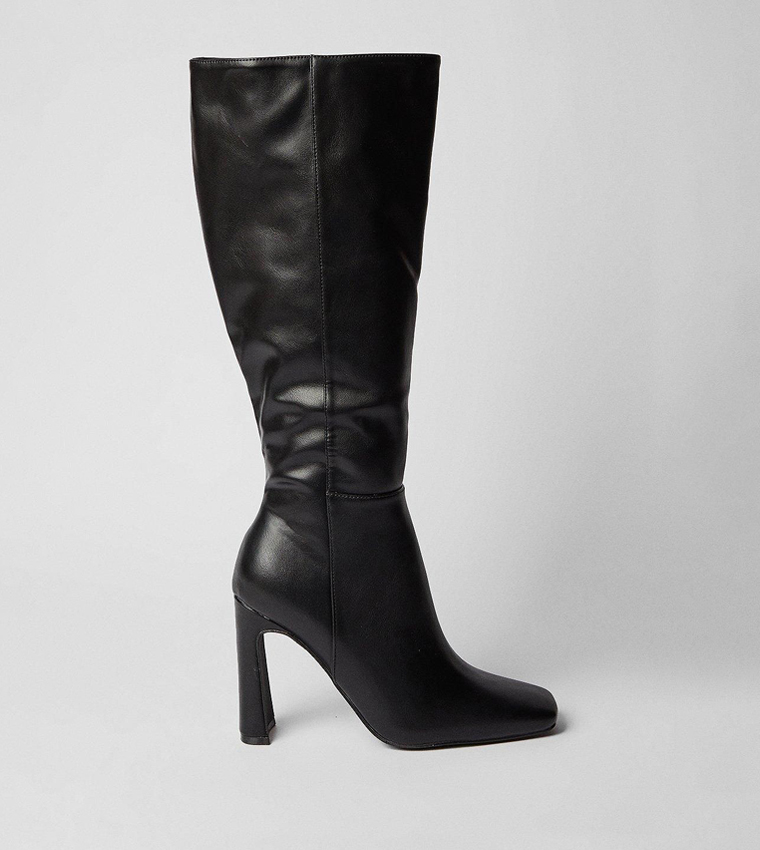 Faux Leather Knee High Block Heeled Boots
