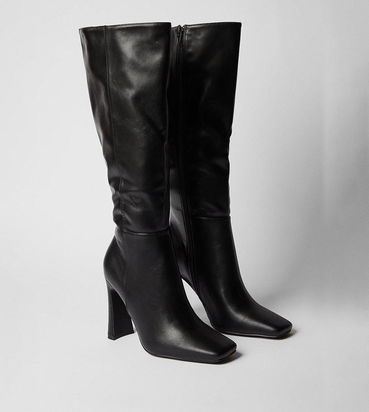 Faux Leather Knee High Block Heeled Boots