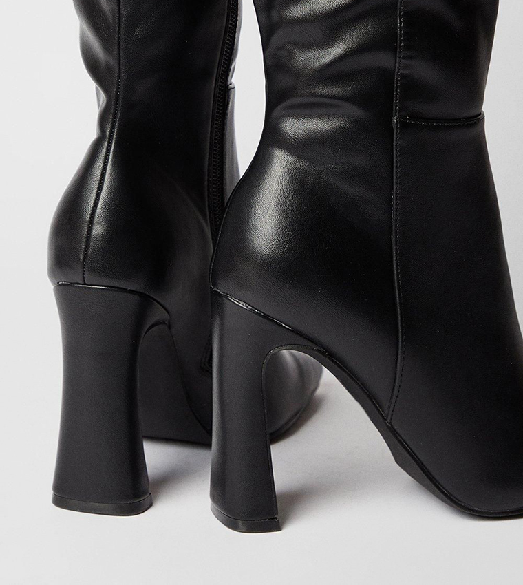 Faux Leather Knee High Block Heeled Boots
