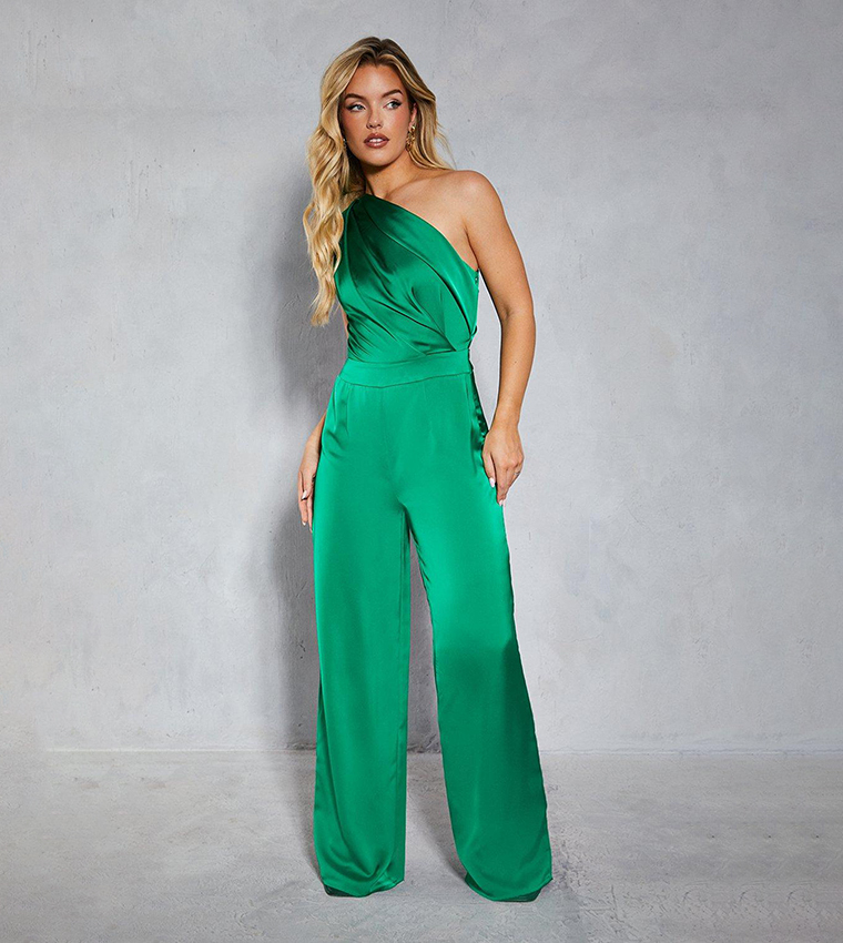 Satin Asymmetric Draped Neckline Wide Leg Jumpsuit