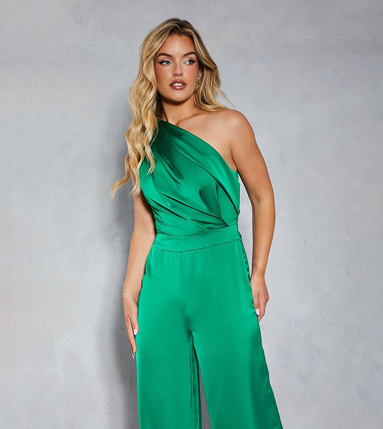 Satin Asymmetric Draped Neckline Wide Leg Jumpsuit