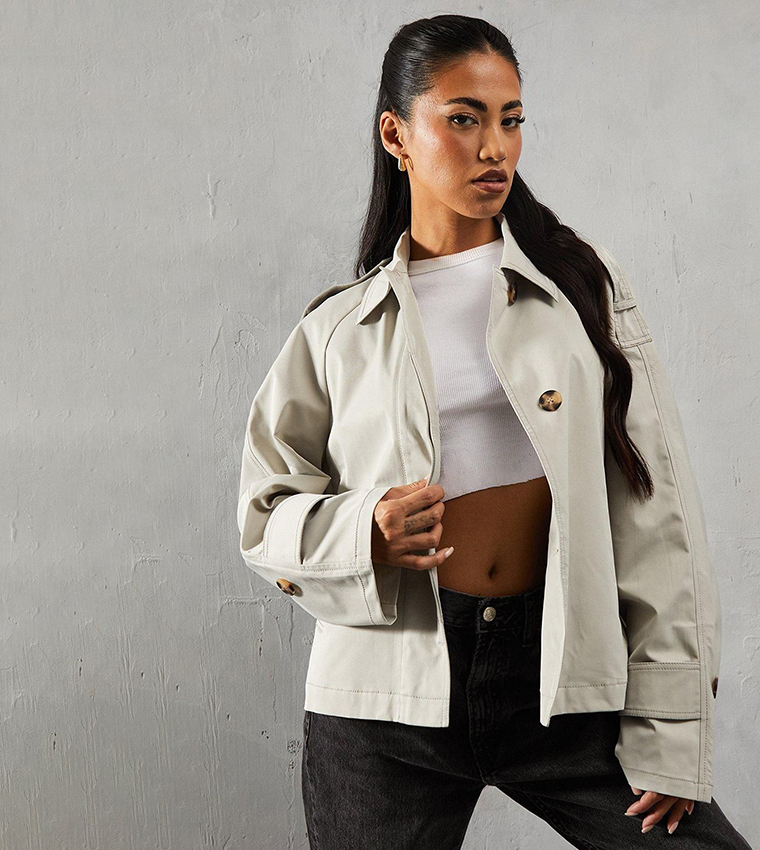 Button Detail Crop Trench Coat