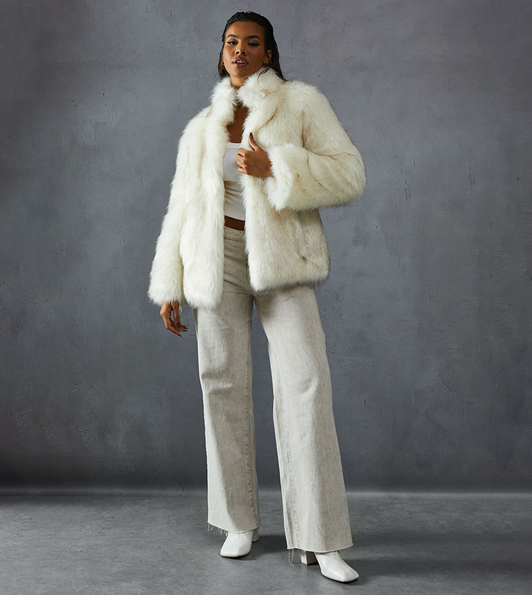 Buy MissPap Premium Long Sleeves Faux Fur Coat In White