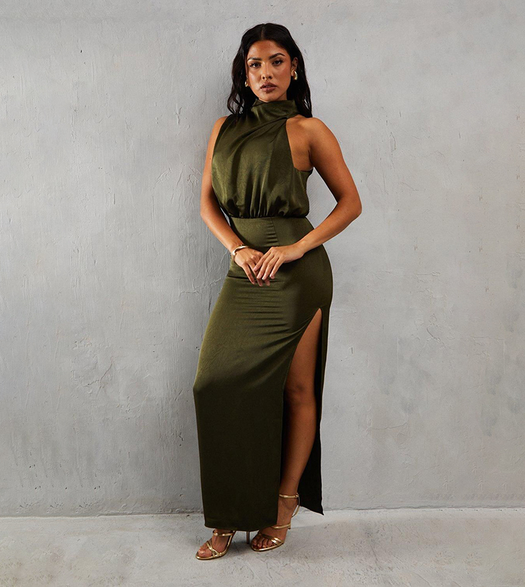 Buy MissPap Textured Satin One Shoulder Grown On Neck Midaxi Dress In Dark  Green | 6thStreet Oman