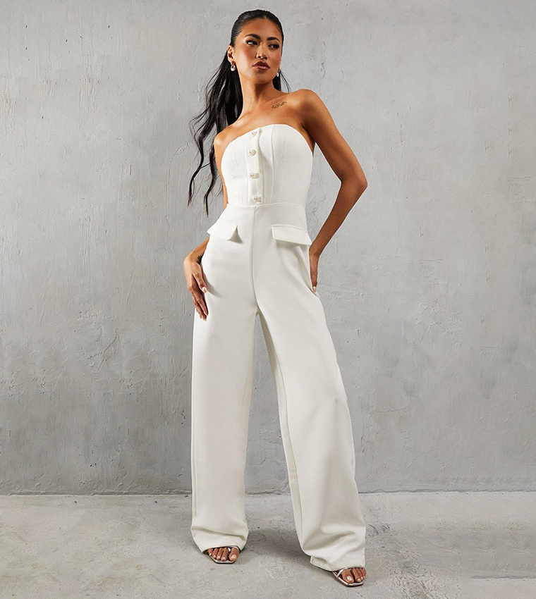 Buy MissPap Diamante Pearl Button Detail Bandeau Jumpsuit In White