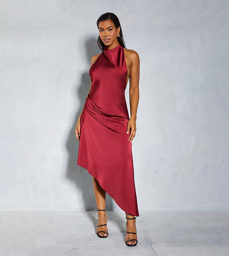 Buy MissPap Premium Satin Halterneck Low Back Asymmetric Midi Dress In Red  | 6thStreet Kuwait