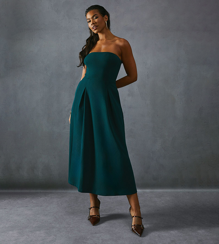 Buy MissPap Scuba Crepe Pocket Detail Bandeau Maxi Dress In Green