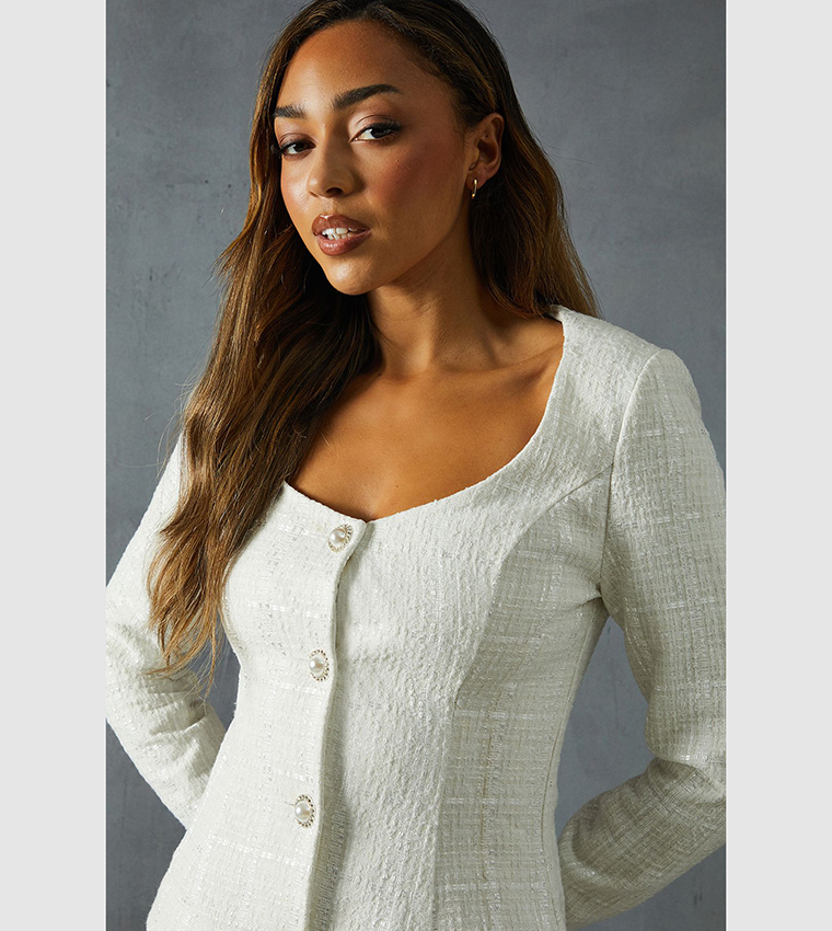 Boucle Feather Trim A-Line Mini Dress