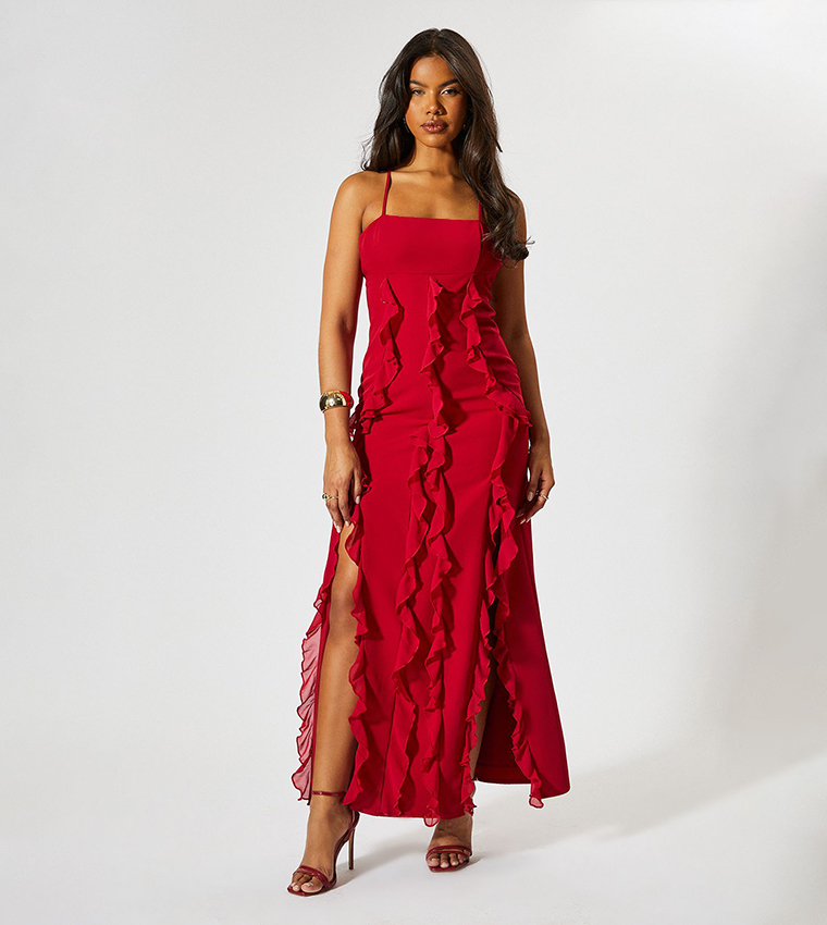 Strappy Ruffled Low Back Maxi Dress