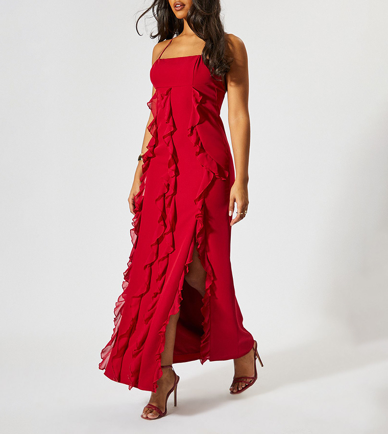Strappy Ruffled Low Back Maxi Dress