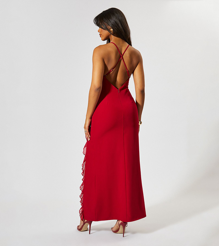 Strappy Ruffled Low Back Maxi Dress