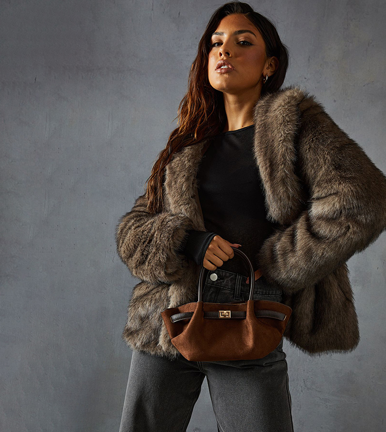 Faux Suede Detail Slouch Shoulder Bag