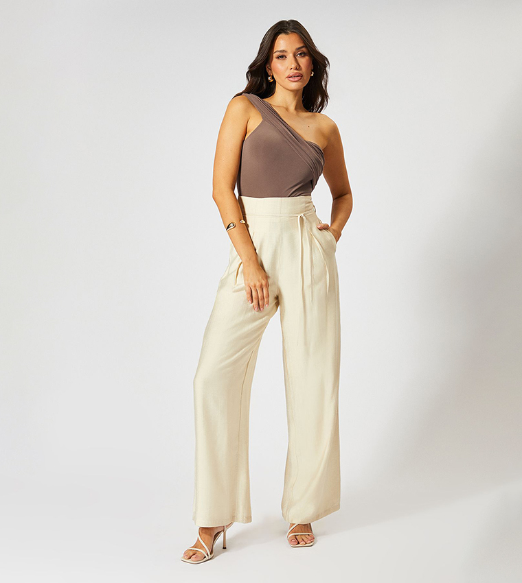 Linen Look Wide Leg Paper Bag Waist Trousers