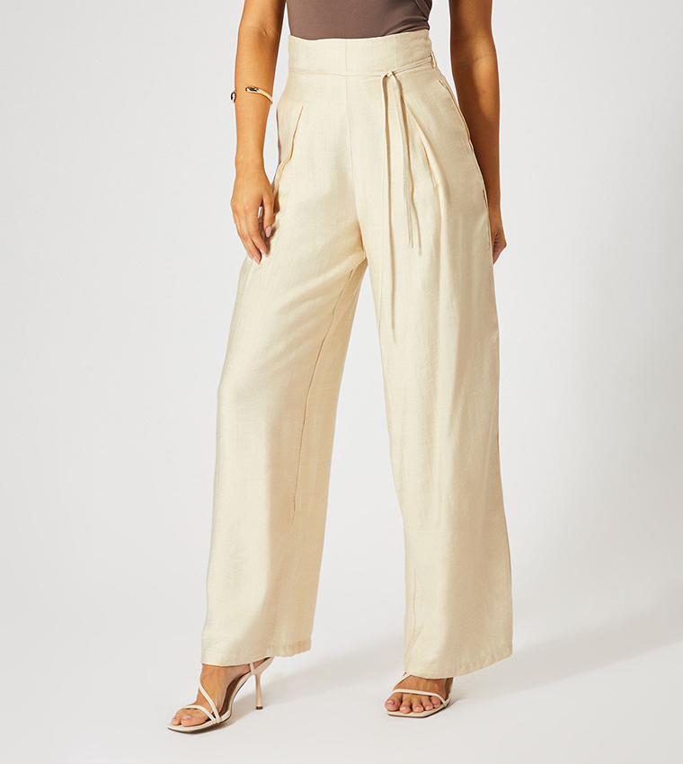 Linen Look Wide Leg Paper Bag Waist Trousers