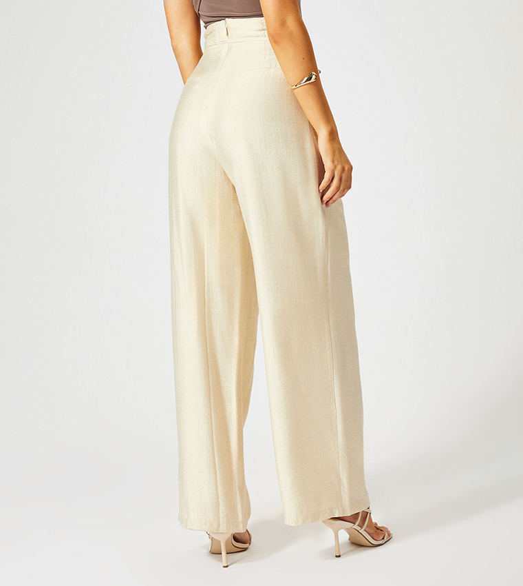 Linen Look Wide Leg Paper Bag Waist Trousers