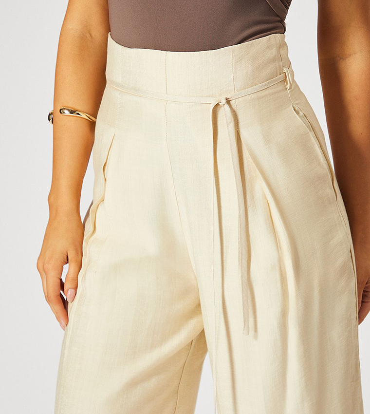 Linen Look Wide Leg Paper Bag Waist Trousers