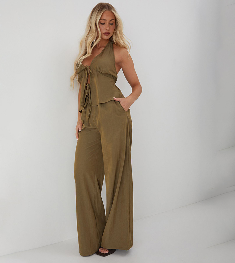 Halterneck Crinkle Tie Top & Trouser Set